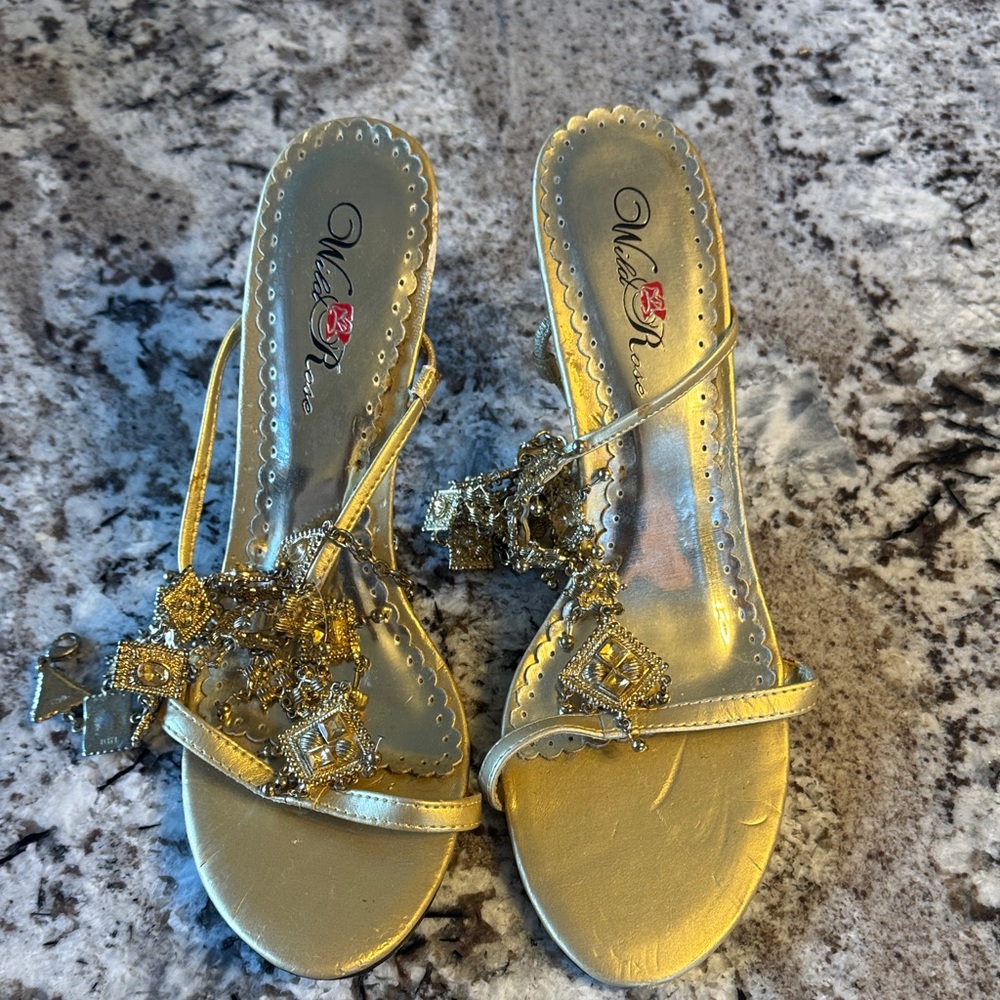 Wild Rose Metallic Gold Jeweled T-Strap Sandals - Picture 3 of 7